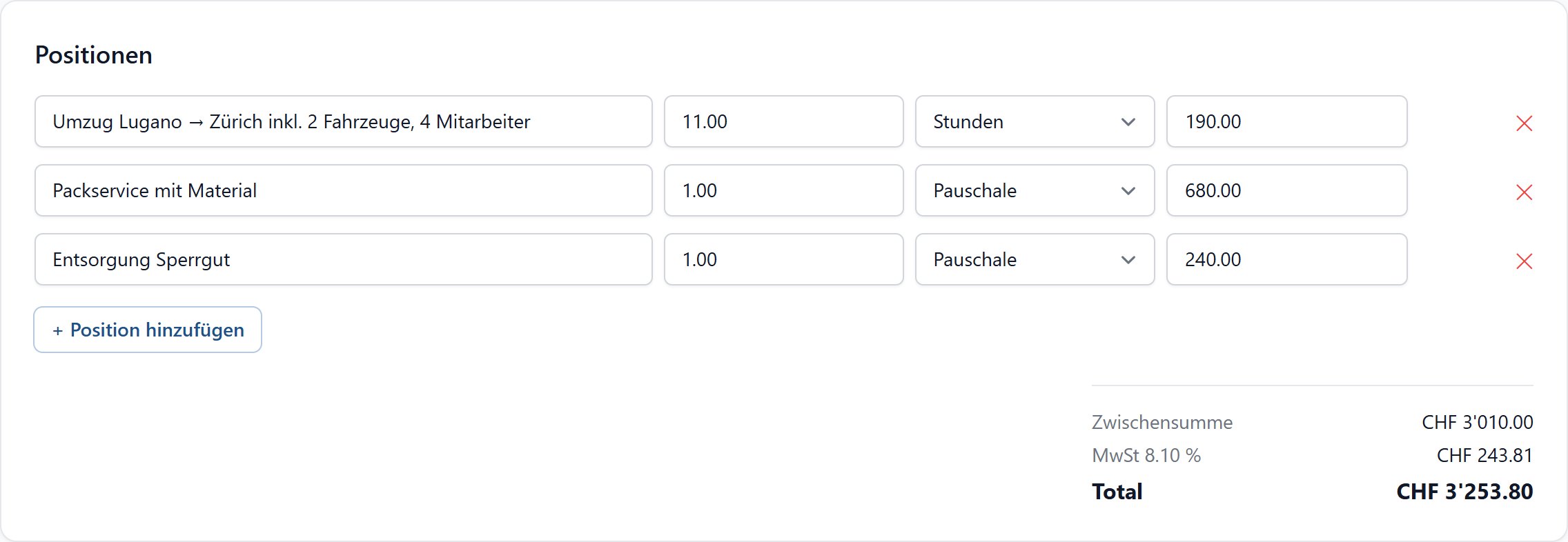 Offerte mit Positionen, MwSt und Total